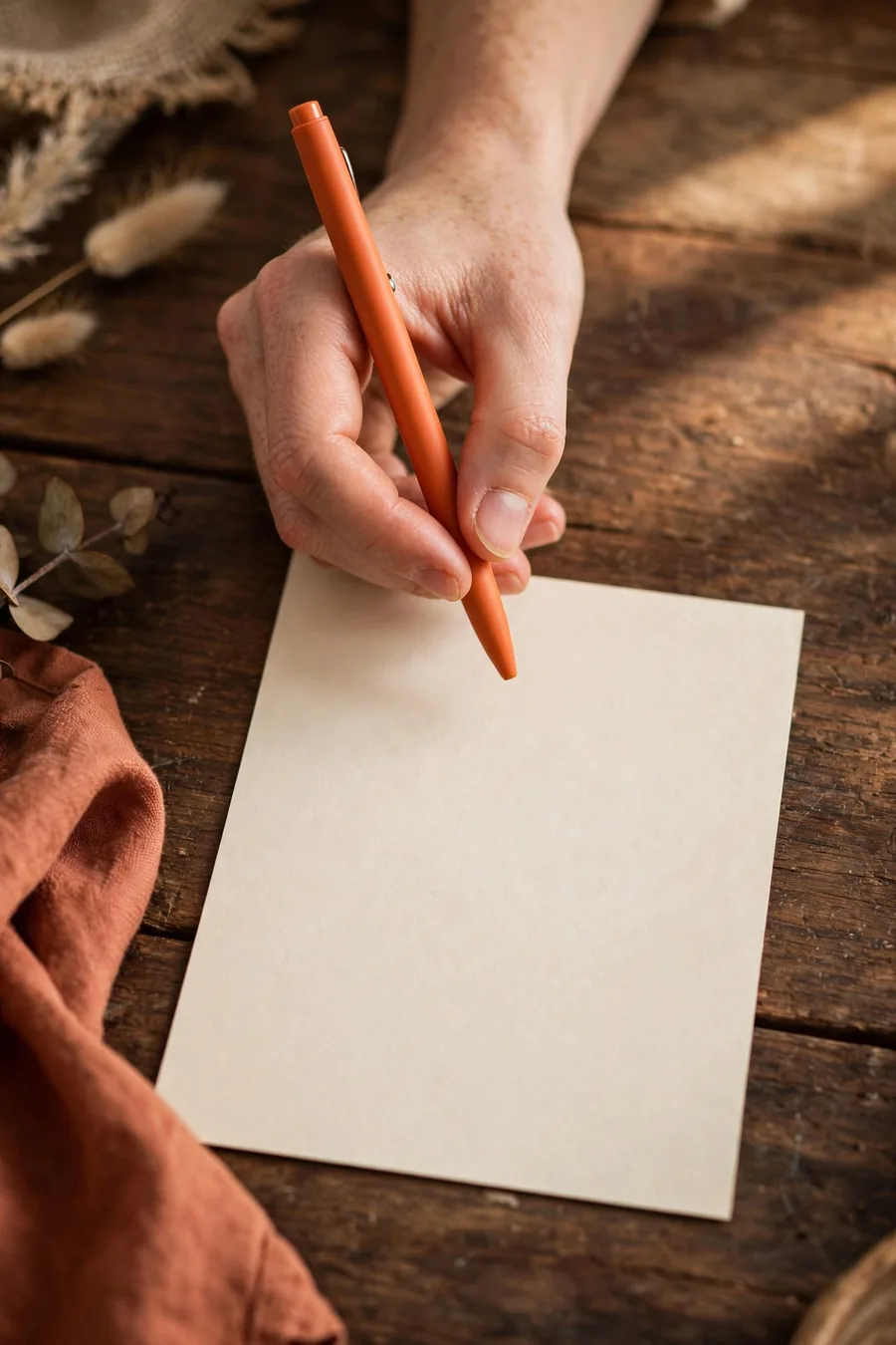 A hand with a pen over a card