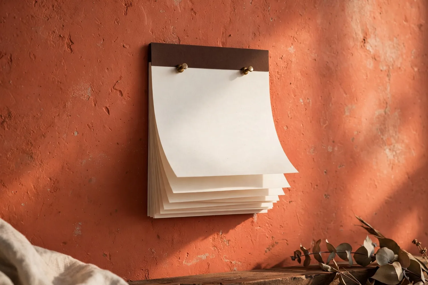 A wall calendar on a terracotta wall