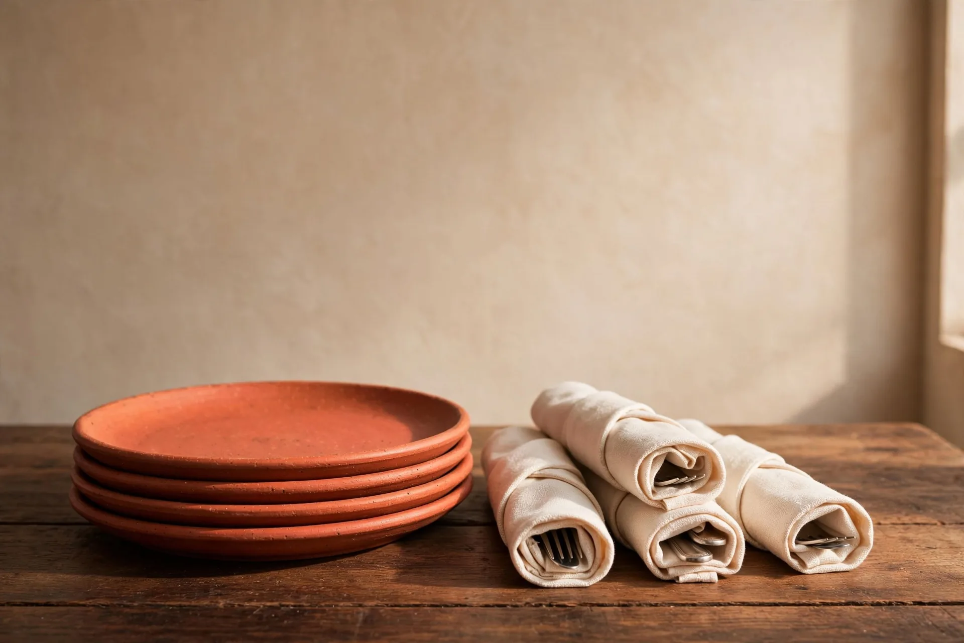 Plates and rolled cutlery on a table